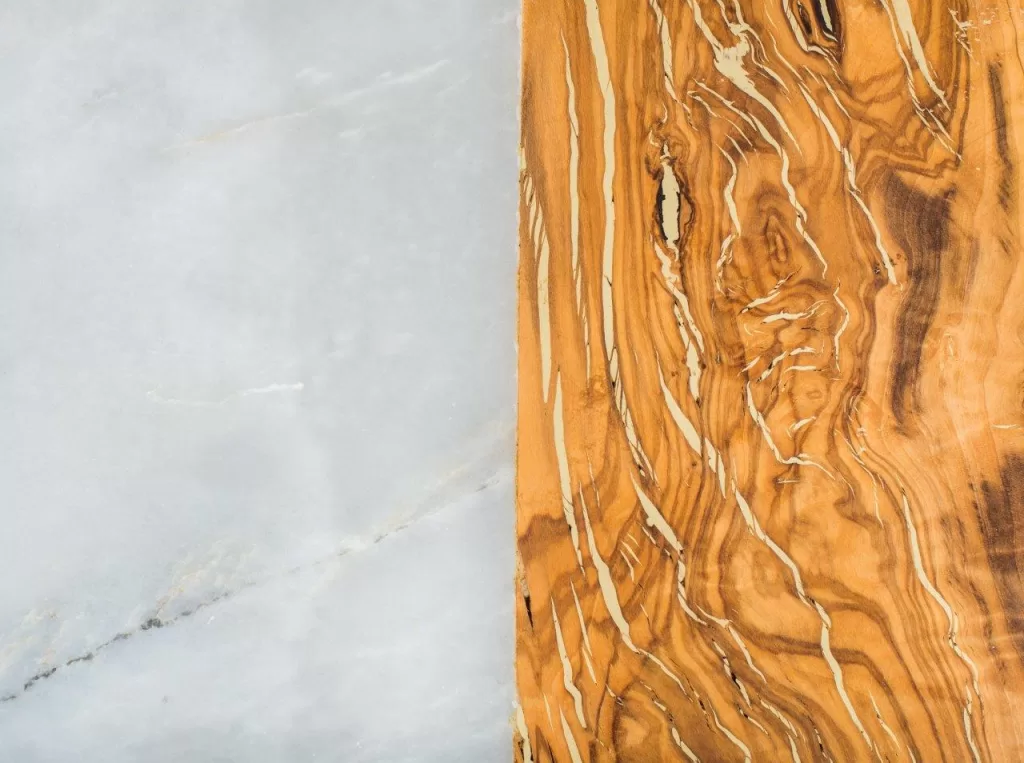 Grey marble stone and olive wood rustic side by side
