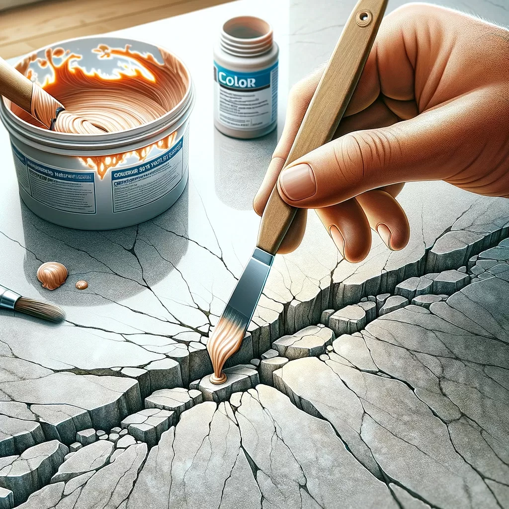 illustration of applying and curing epoxy on a cracked granite countertop. Show a detailed view of a hand using a putty knife to precisely