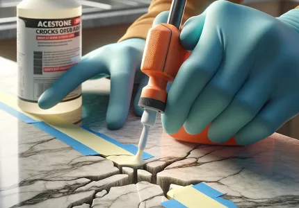 illustration of cleaning and preparing a cracked granite countertop for repair, showing a close-up view of a hand wearing gloves, using acetone