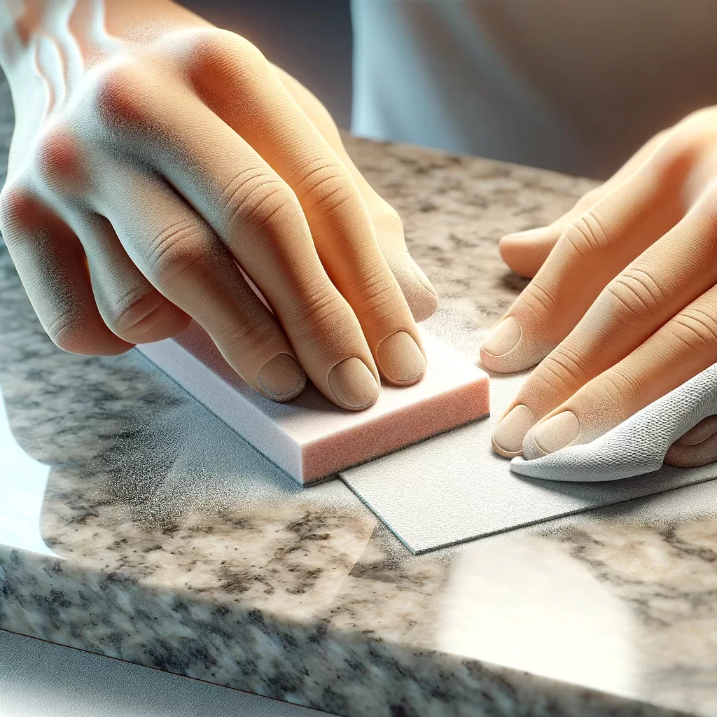 illustration of sanding and finishing the repaired area on a granite countertop. Show a detailed view of a hand gently sanding the cured epoxy