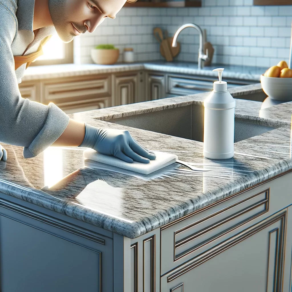 Final Adjustments and Sealing: The application of sealant for a glossy, finished look on the granite countertop.
