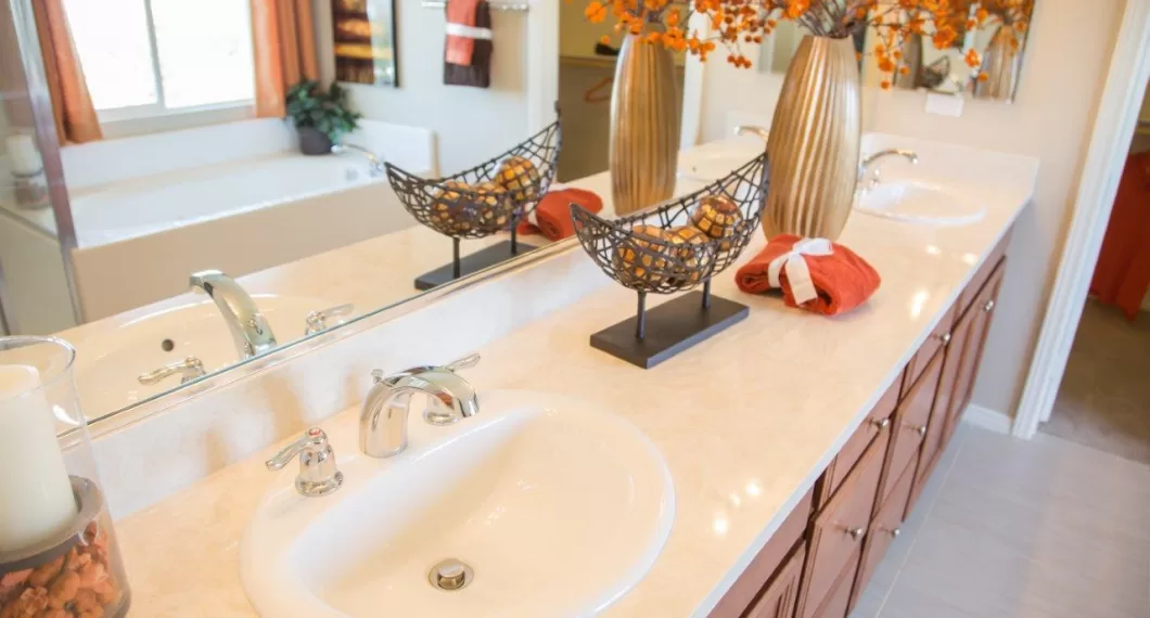Beautifully Decorated New Modern Home Bathroom Sink, Faucet and Counter.