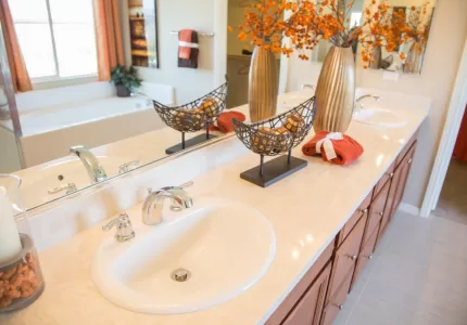 Beautifully Decorated New Modern Home Bathroom Sink, Faucet and Counter.