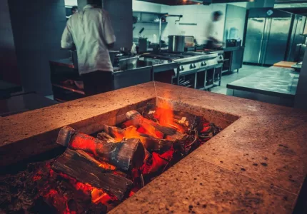 modern restaurant with fireplace